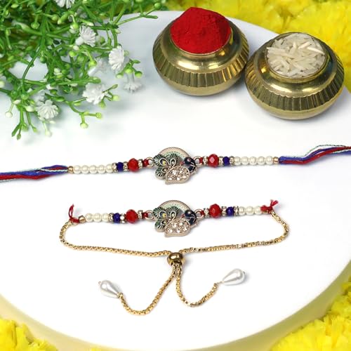 Image of Oblivion Rakhi Set for Brother and Bhabhi - Peacock with Feather Gift for Bhai & Lumba for Bhabhi with Silver Colour Coin and Greeting Card - Raksha Bandhan Combo