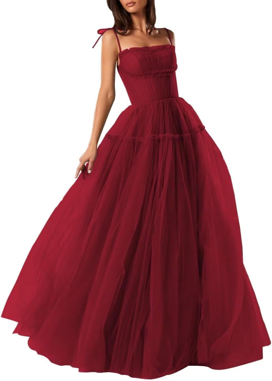 Spaghetti Straps Prom Dresses Tulle Long Formal Evening Party Gowns for Women Backless Bridesmaid Dress A-Line Dress