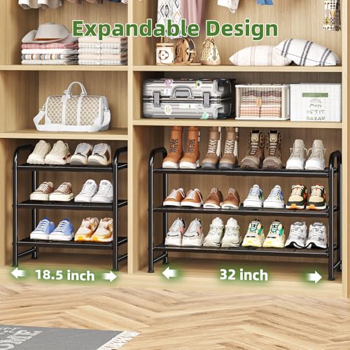 Image of Simple Trending 3-Tier Expandable Shoe Rack, Adjustable & Stackable Shoe Organizer, Heavy Duty Metal Free Standing Shoe Shelf Storage for Closet Entryway Doorway, Black