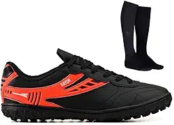 Chuteira Futebol Society Profissional Masculina em Couro Para Grama Sintetica + Meião