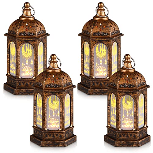 4 Pièces Lanterne Bougie LED de Style Marocain Ramadan Petite Lanterne en Verre Métallique de Photophore Lampe Marocaine Vintage Suspendue Décorative pour Maison Jardin, Couleur Or Bronze