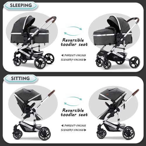 Blahoo Baby Stroller For Newborn, 2 In1 Infant Stroller, Foldable Aluminum Alloy Pushchair With Adjustable Backrest. Bassinet Stroller #TOP2