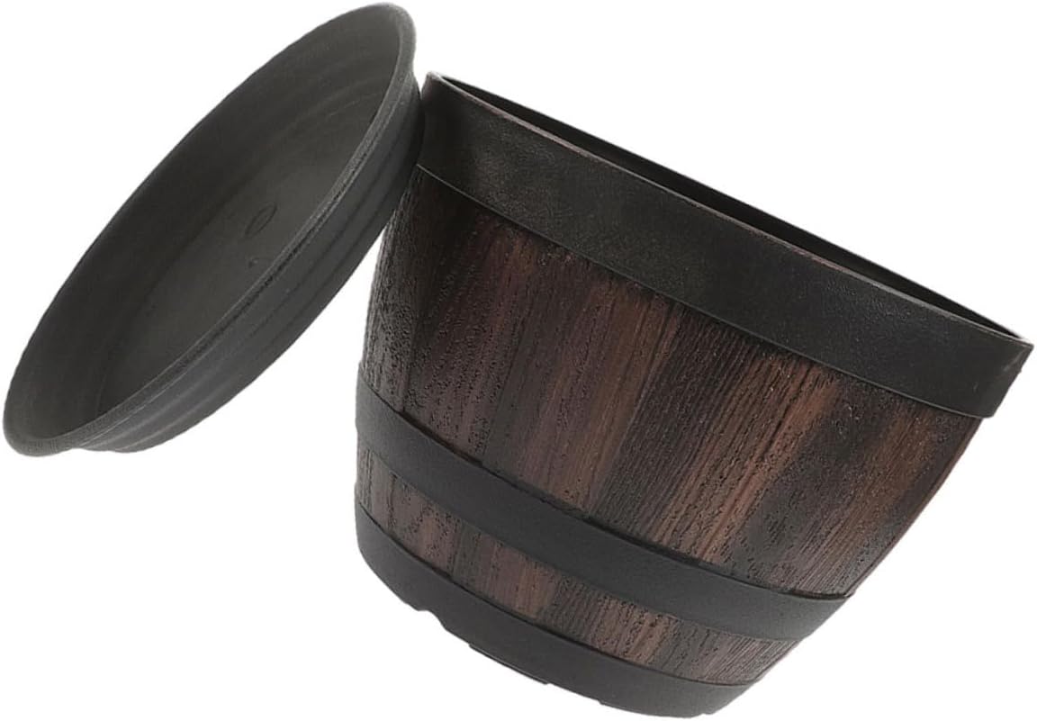 GALPADA Faux Wood Planter Pot with Drainage Holes and Tray, Vintage Imitation Wooden Barrel Flower Pot for Garden Balcony Patio, Thickened Retro Plastic Bonsai Container