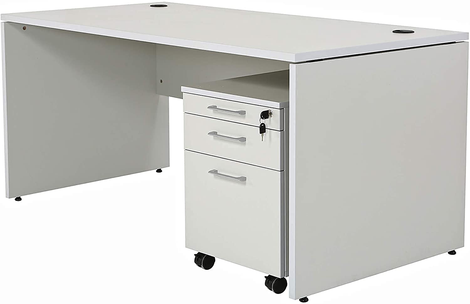 furni24 Schreibtisch fürs Arbeitszimmer und Home Office - Großer laminierter Computertisch aus Holz, 2 Kabeldurchlässe und mit verstellbarem Metall kabelkanal-Nuvi (Grau, Kabelkanal 180x80x75 cm)