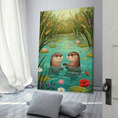 Peinture sur toile abstraite loutres pour salon moderne coloré