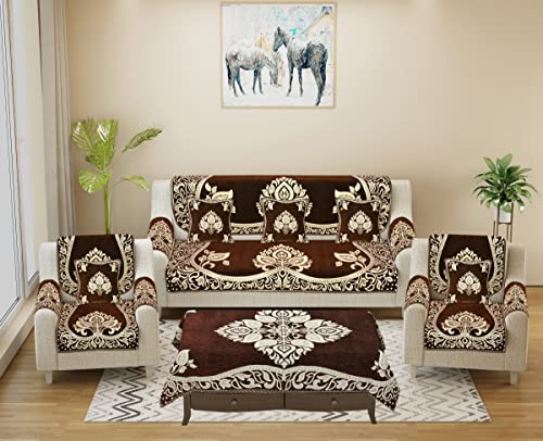 Image of Sofa Seater Slip Covers with Arm and Cushion and Table Cover - 3+2 Seater Velvet Sofa Cover Set for Single Sofa Couch - 5 Seater Sofa Seat Protector Slip and Back Covers, 2701 Coffee