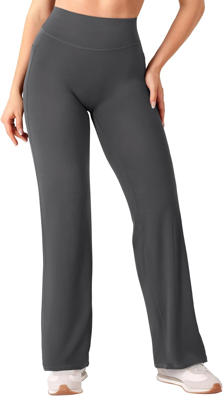 YEOREO Straight Leggings with Pockets for Women No Front Seam Workout Leggings High Waist Wide Leg Yoga Pants - 29"/ 31.5"