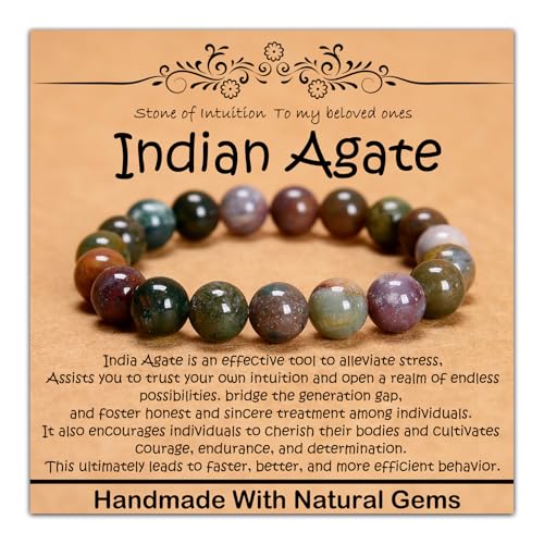 CHCCOYE 10mm Natural Healing Gemstone Bracelet Handmade Yoga Stretch Elastic Bracelet Stress Relief Crystal Jewelry for Men and Women (10mm Indian Agate)
