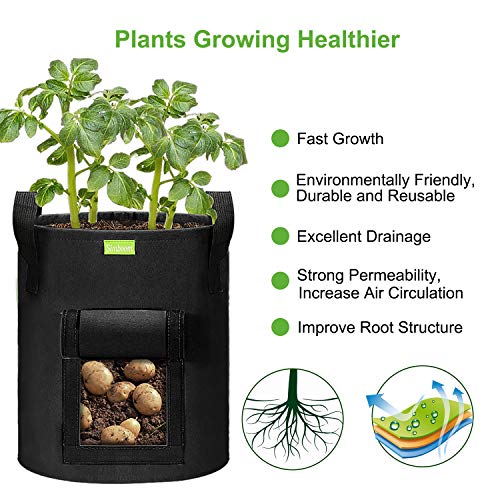 Foto von SIMBOOM Kartoffelsack Pflanzen Tasche 4 Stück, 7 Gallonen Tomaten Pflanzsack Pflanzbeutel Grow Bag Atmungsaktiv mit Griffen und Sichtfenster für Erdnüsse Blumen Gemüse, Schwarz - (27 L)