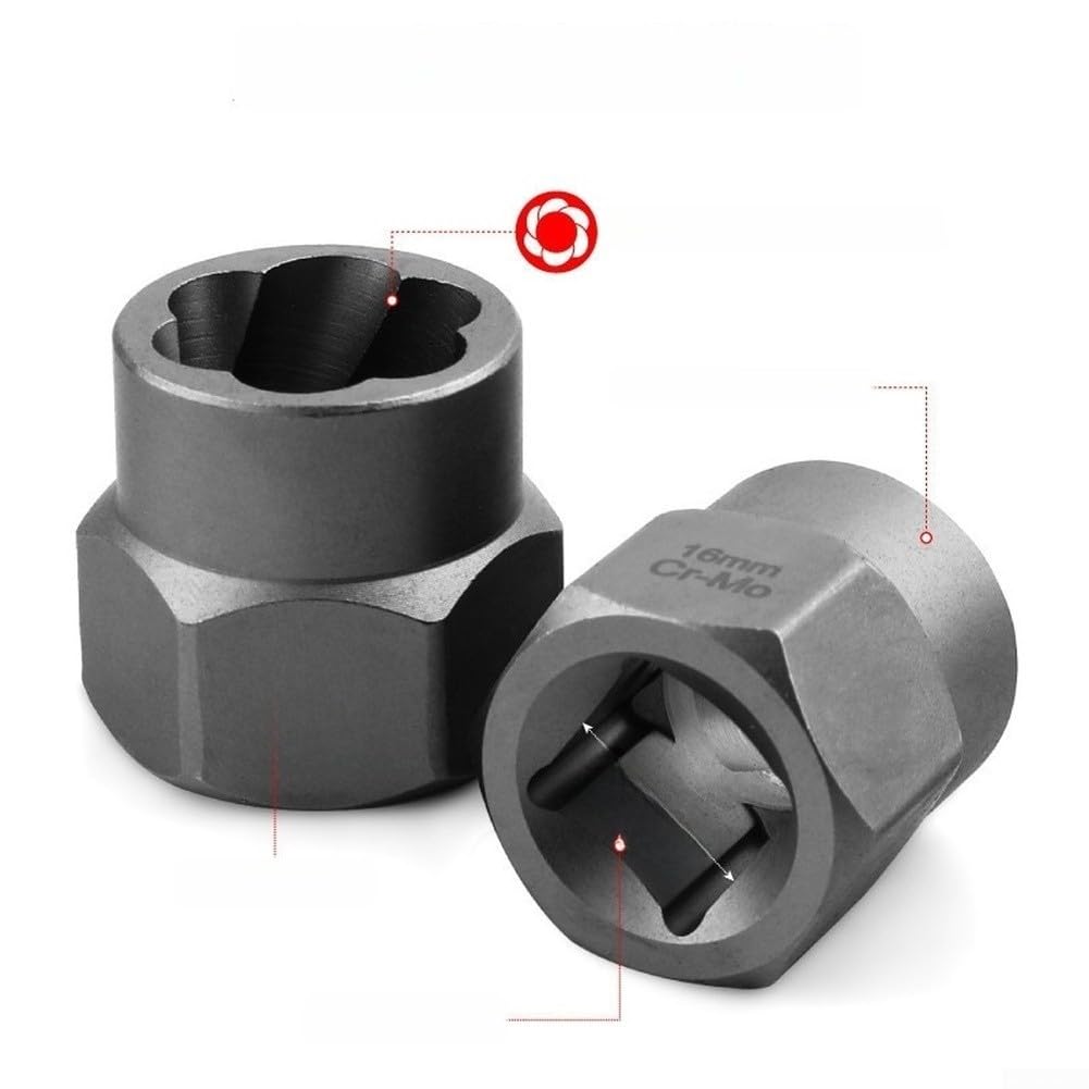 Set di estrattori di bulloni di precisione con bussole a spirale inversa nelle misure 6, 8, 10, 12, 14, 17, 19, 22 e 27 mm, con adattatore per punte da trapano (16 pezzi)