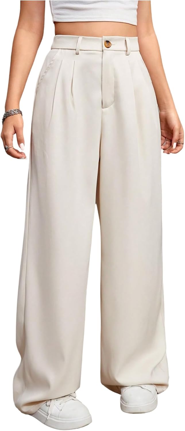 OYOANGLE Girl's Elastic Waist Wide Leg Pants Button Down Solid Uniform Trousers with Pockets
