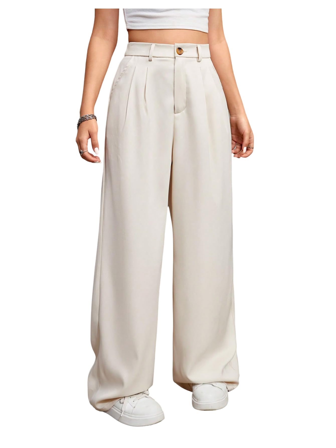 OYOANGLE Girls Elastic Waist Wide Leg Pants Button Down Solid Uniform Trousers with Pockets