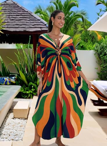 Image of Yanziliu Kaftan Dress for Women,Plus Size Hawaiian Batwing Sleeve Beach Cover Up Summer Swimsuit Dresses