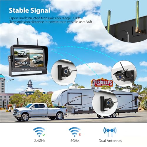 Image of 3 Magnetic Solar Wireless Backup Cameras HD 1080P 7 inch DVR Monitor, RV Rear View Side View Cameras for Fifth Wheels RVs Horse Trailer Trucks, Built-in 9600mAh Solar Battery, BS703