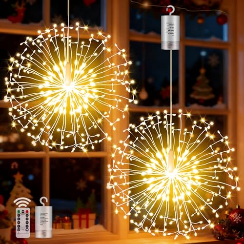 yowin Leuchtkugel Weihnachten 2 Stück 198 LED Weihnachtsbeleuchtung Außen Batterie mit Fernbedienung, 8 Modi Feuerwerk Lichterkette Wasserdicht...