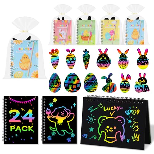 Huiguli 24 Sets Cartes à Gratter, Pâques Carte à Gratter Arc-en-Ciel avec Stylet en Bambou, Sac d'emballage & Cordon, Scratch Art DIY Fur Loisirs Créatifs Adultes...