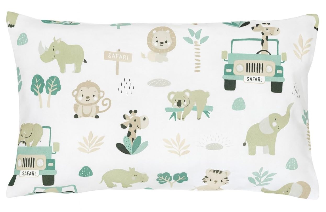 Balbina Kissenbezug 40 x 40 cm für Kinder & Babys, Kopfkissenbezug 100% Baumwolle, für Kinderzimmer, Kinderwagen oder Kinderbett, Baumwoll-Kopfkissenbezug mit Reißverschluss, Autos/Zoo Grün/Grau