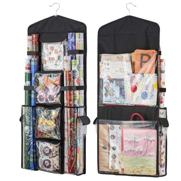 Christmas Wrapping Paper Organizer Storage, Hanging Gift Bag Storage Organizer, Double-Sided Wrapping Paper Holder Storage - Black