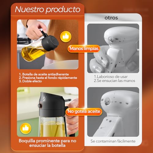 Miniatura 6 de Yarramate Pulverizador De Aceite Para Cocinar, Botella Dispensadora De Aceite De Oliva 2 En 1 Para Cocina, Botella De Aceite De Vidrio De 17 Oz 470 Ml Para Freidora De Aire, Barbacoa Negra