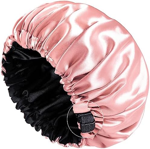 Shower Cap for Women,Satin Lined Shower Cap,Adjustable Size,Double Layer-Reusable,Waterproof and Breathable,Extra Large Shower Cap for All Hair Styles(Pink)