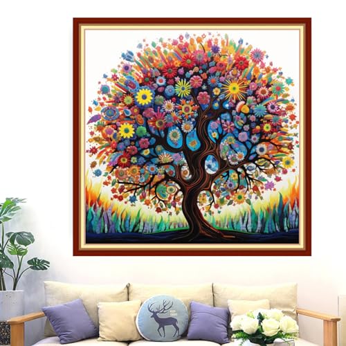 Image of Dimxvean Stamped Cross Stitch Kits,Cross Stitch Kits for Adults Beginners,Embroidery Kits Full Range of Cross Stitch Stamped Kits Needlepoint Kits Cross Stitch Patterns-Colorful Tree 18x18 inch