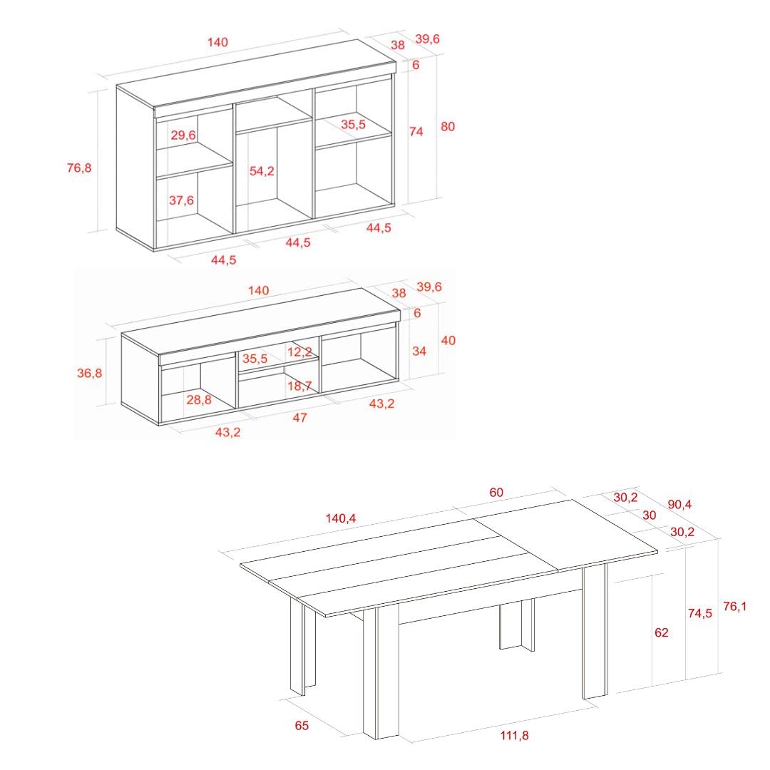 Skraut Home | Ensemble Naturale | Salle à Manger | Meubles de Salle à Manger | Buffet-Meuble TV 140cm-table Extensible |Finition Couleur chêne/Noir
