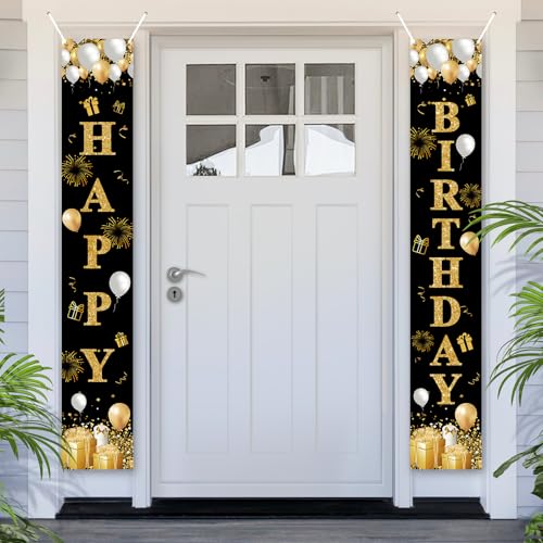 PartyYaa Bannière Joyeux Anniversaire, Décorations de Porte d'Anniversaire, Affiche de Fond pour Cabine Photo de Fête, Décor de Porte pour Intérieur Extérieur (Noir Or)