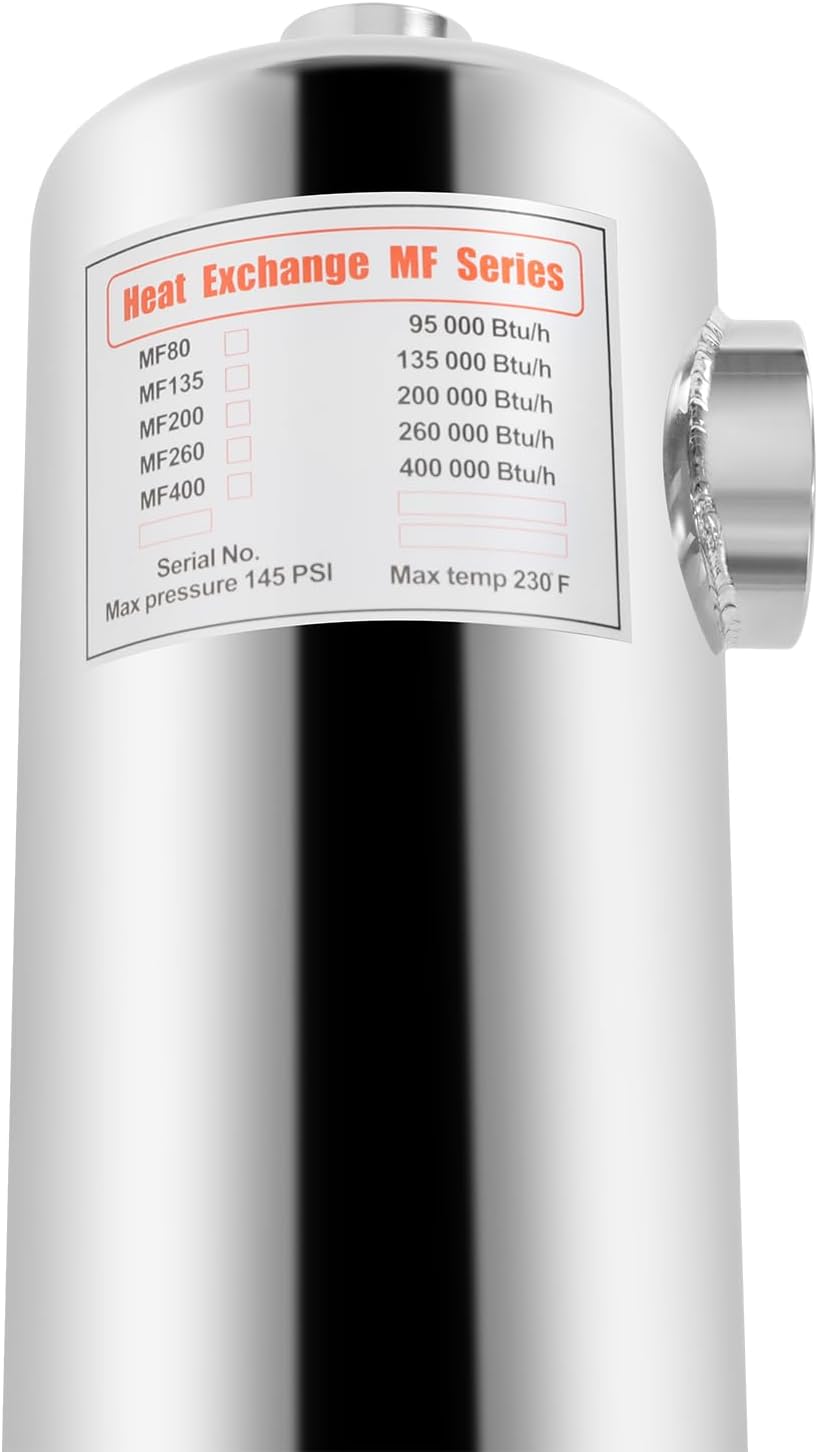 400MF Swimming Pool Heat Exchanger, 304 Stainless Steel Heat Exchanger for Outdoor Wood Boiler/Swimming Pool/Solar/Spa, Same Side Outlet 1070*Φ133mm,1 "+2" FPT, 120KW