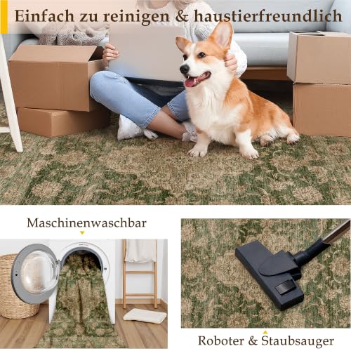 PureCozy Vintage Teppich Wohnzimmer 120x170cm Grün Waschbar Groß Teppiche – Ansicht 4