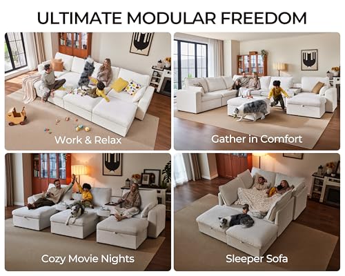 Image of 169.7'' Oversized Modular Sofa Set Cloud Couch with Versatile Console, Side Table with Charging Storage Cup Holder, Hardware Connected, U-Shaped 8-Seater Sectional Couch, Chenille, White
