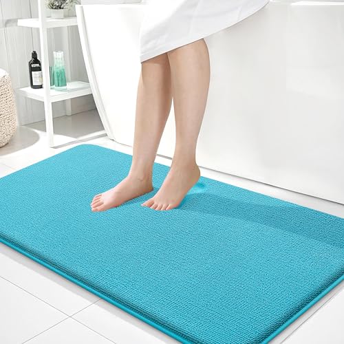 Image of OLANLY Thick Memory Foam Bathroom Runner Rugs 44x24, Extra Soft Absorbent Long Bath Rug, Quick Dry, Non-Slip, Machine Washable Bath Mats for Bathroom, Tub and Shower, Home Decor Accessories, Aqua Sky