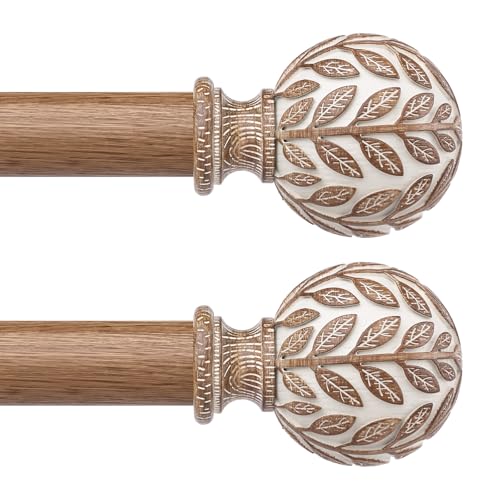 Wolistsa 2 Pack Boho Wood Curtain Rod 36-60 Inch, Decorative 1 Inch Adjustable Heavy Duty Curtain Rods for Windows, Rustic Window Treatment Rods with Handmade Imitation Wood Grain Leaf Finials