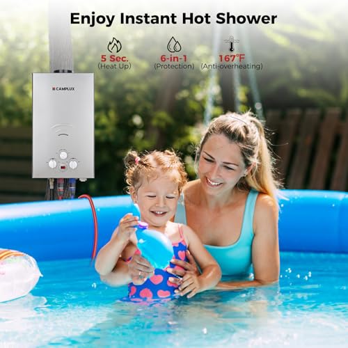 Image of CAMPLUX Tankless Water Heater - 2.64GPM Portable Propane Heater for Off Grid, Camping, Outdoor Shower - 68,000 BTU - BW264G - Gray
