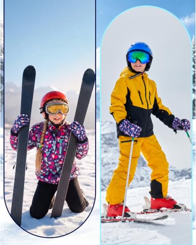 Image of Geyoga Kids Waterproof Winter Snow Ski Gloves | for Boys Girls, Warm Lining, Non-slip PU Leather Palm, Elastic Cuff with Adjustable Strap, for Outdoor Cold Weather
