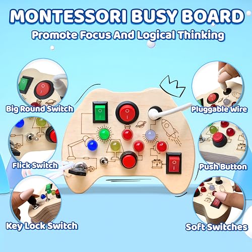 Image of Curio Switch Busy Board for Toddlers 1-3 | Montessori Busy Board with 7 Switches & LEDs | Toys for 1 + Year Boys & Girls | Brain Development Educational Learning Toy