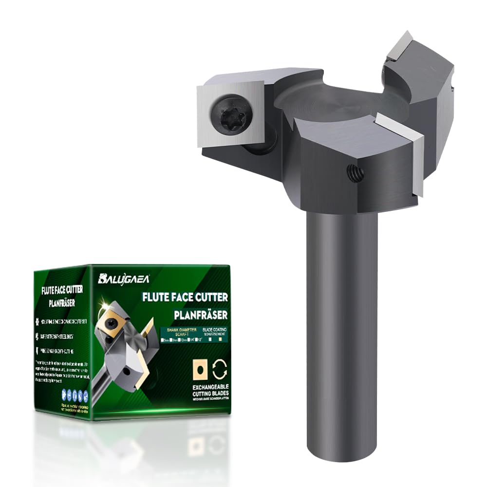 BALUGAEA Planfräser für Oberfräsen mit 12 mm Schaft – 50,8 mm Schnittdurchmesser – ausgestattet mit 3 austauschbaren Hartmetallmessern 12 x 12 mm, Fräser zum Planfräsen, Nutfräsen und Kantenfräsen