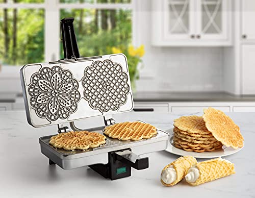 Image of Pizzelle Maker- Polished Electric Baker Press Makes Two 5-Inch Cookies | Even Heating Plates, Must Have Party Baking Supplies, Italian Dessert Treat Making with Recipe Guide, Gift for Her