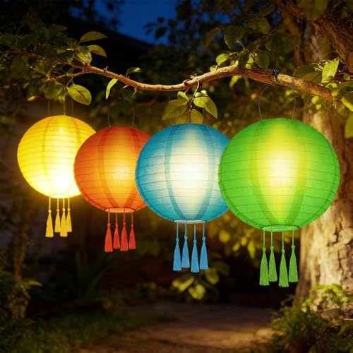 NAVESO 4 Pièce Lampion Solaire Exterieur, 25cm Lampion Exterieur Solaire, Lanternes Solaires LED Extérieures, Lanterne de Jardin Suspendue, Lanterne Solaire Jardin...