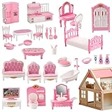 32 Pcs Pink Dolls House Furniture Set, Miniature 1:12 Scale Dollhouse Accessories with Kitchen, Bedroom, Living Room & Bathroom - Realistic Pretend Play Toy for Kids, Children's Playhouse - Image 1
