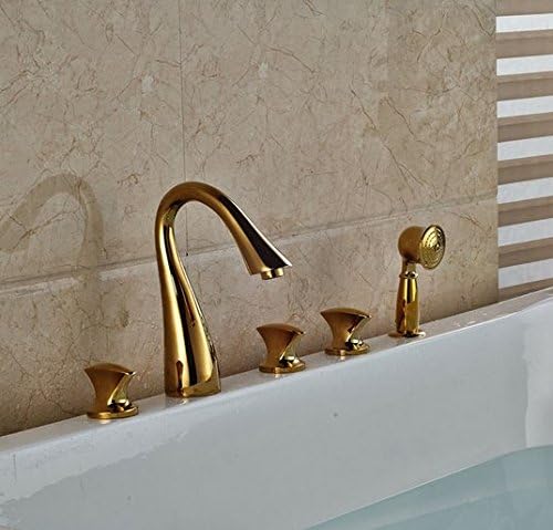GOWEGoldenWidespread 3 Handles Bathtub Faucet Deck Mount Roman Tub Filler + Brass Handshower