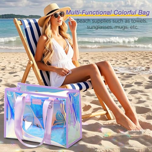 27L Beach Bags for Women, Iridescent Beach Tote Bag with Makeup Bag & Phone Pouch - Waterproof Clear Tote Bag2