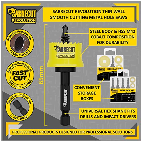 5 x SabreCut HSMK5A 16mm 20mm 22mm 25mm 32mm High Performance Thin Wall Steel Hole Saw With Steel Body And Cobalt Shank HSS M42 Progressive Tooth Profile For Wood - Image 3