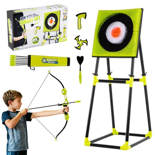 Costzon Axe Throwing Target Game for Backyard 4 in 1 Kids Throwing Game w/5 Arrows 3 Throwing Axes 3 Ninja Darts 3 Darts Bristle Target & a Bow -Boys & Girls Indoor Outdoor Carnival Game Gifts