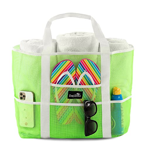 Dejaroo Mesh Sand Free Bag - Strong Lightweight Tote For Beach & Vacation Essentials. Tons of Storage with 8 Pockets, Foldable, 17x9x15 inches, Neon Green with White Straps