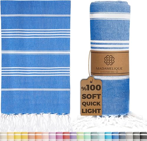 Madamelique Türkisches Strandtuch Übergroß – 39 x 74 cm – schnell trocknend – sandfrei – extra groß – vorgewaschene Strandtücher – Sommergeschenk – Strandutensilien – Reisehandtuch (mediterran ohne