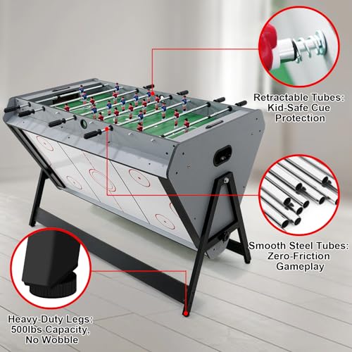 Seydrey 48″ 3-in-1 Swivel Multi Game Table, Combo Game Table Set with Foosball, Air Hockey and Billiards