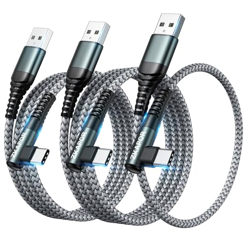 ZKAPOR USB C Charger Cable [3Pack 0.3M+2M+2M], USB C Cable Nylon Right Angle Type C Charger Cable Fast Charging Compatible for iPhone 15Pro Max, Samsung Galaxy S23, Note 10, Huawei P40, Google Pixel