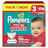 Pampers Baby Dry Pants Taille 3, 176 Couches Culottes, 6kg 11kg, Protection 360° contre les fuites jour et nuit, Pack 1 Mois