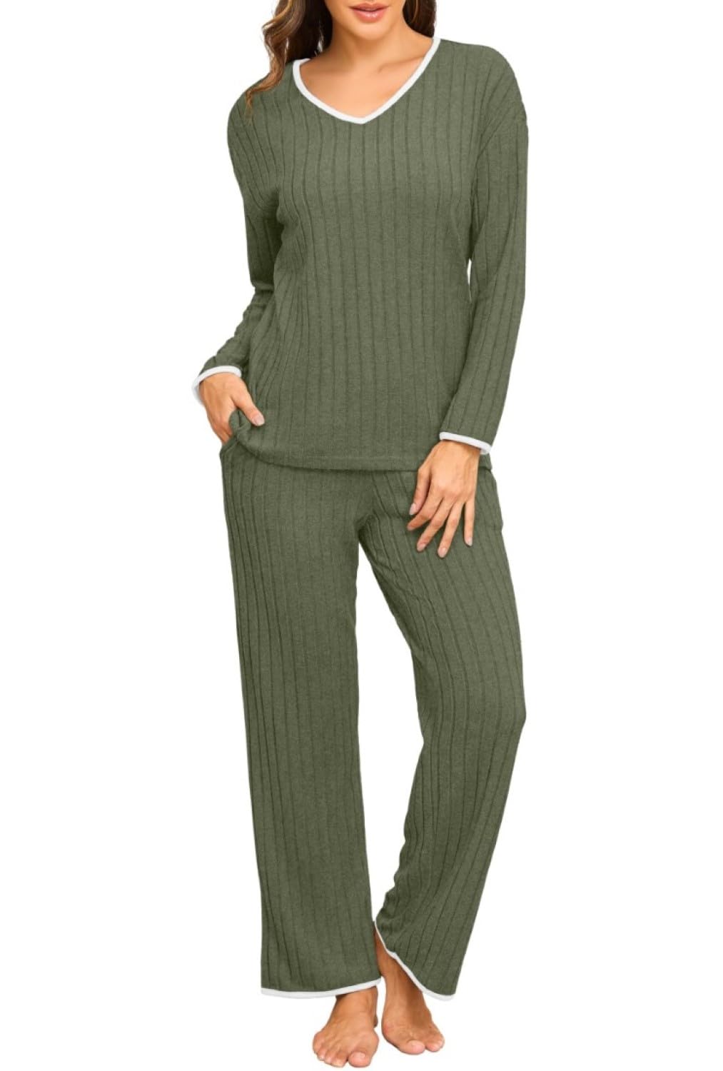 PrinStory Pyjama dames lange mouwen pyjama geribbelde loungewear set V-hals gebreid pak set, legergroen, XL