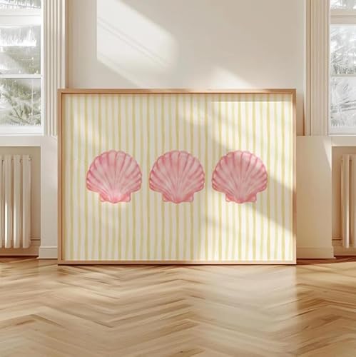 EPLKJHRTU Seashell Stripes Print in Wall Art Pink and Butter Yellow Beachy Summer for Beach House Apartment or Dorm Home Office(65x130cm/Frameless)